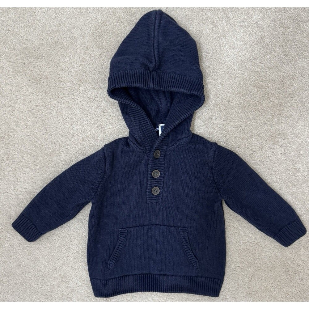 Janie And Jack 6/12M Navy Knit Hooded Sweater Kangaroo Pocket 100% Cotton